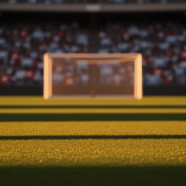 Floodlit stadium pitch at golden-hour kick-off with dramatic shadows and packed stands in soft focus.