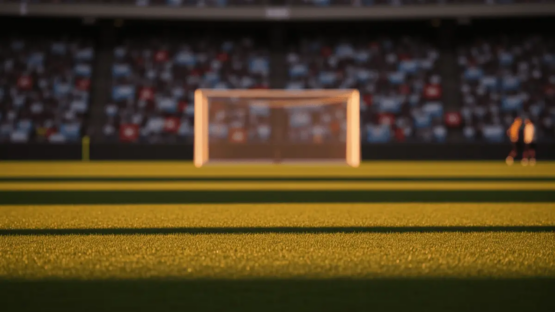 Floodlit stadium pitch at golden-hour kick-off with dramatic shadows and packed stands in soft focus.
