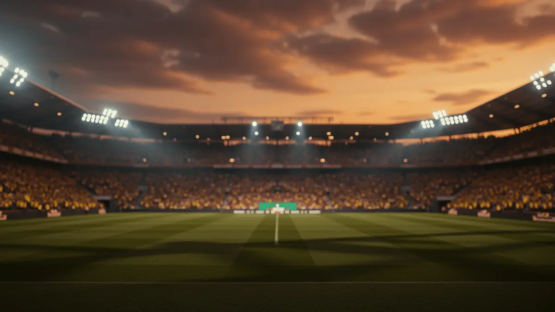 Floodlit stadium at golden hour with packed stands and dramatic lighting creating electric knockout-stage atmosphere.