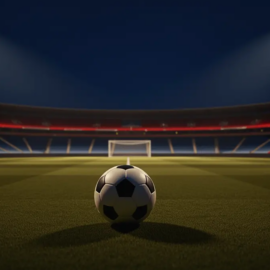 Empty floodlit football pitch at dusk with ball on penalty spot, navy-gold and red-white accent lighting, cinematic shadows.