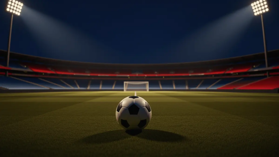 Empty floodlit football pitch at dusk with ball on penalty spot, navy-gold and red-white accent lighting, cinematic shadows.