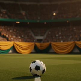 Floodlit stadium section with Australian flag colours (gold and green) and match ball on centre spot, low-angle evening light.