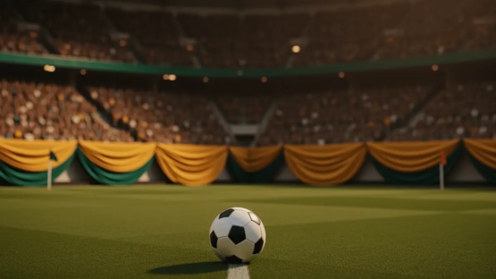 Floodlit stadium section with Australian flag colours (gold and green) and match ball on centre spot, low-angle evening light.
