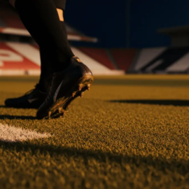 Football pitch under floodlights at dusk with motion blur, shadow patterns, and national colour lighting across stands.