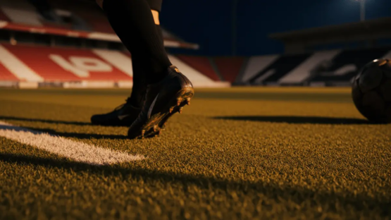 Football pitch under floodlights at dusk with motion blur, shadow patterns, and national colour lighting across stands.