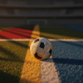 Match ball centred on pitch under floodlights, red-gold and blue atmospheric lighting, anticipatory golden-hour stadium mood.