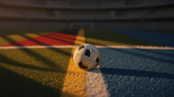 Match ball centred on pitch under floodlights, red-gold and blue atmospheric lighting, anticipatory golden-hour stadium mood.