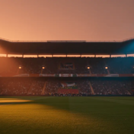 Floodlit stadium pitch at dusk with packed stands and dramatic golden-hour lighting, no players visible.