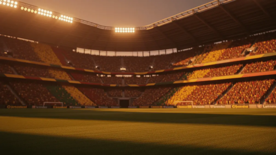 Packed floodlit stadium at golden hour with Belgium red and Senegal green crowd colours, dramatic long shadows, no players visible.