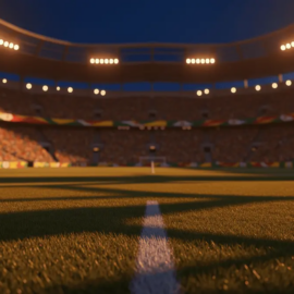 Floodlit football stadium at dusk with packed stands, dramatic lighting and empty pitch ready for Brazil vs Haiti group stage match.