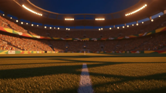 Floodlit football stadium at dusk with packed stands, dramatic lighting and empty pitch ready for Brazil vs Haiti group stage match.