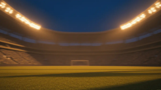 Floodlit stadium pitch at dusk with dramatic shadows and packed stands, golden-hour lighting, no players visible.