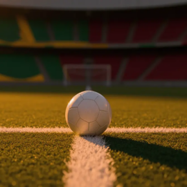 Match ball on centre spot under golden stadium floodlights, empty pitch with long shadow patterns, colour-graded for Brazil vs Morocco.