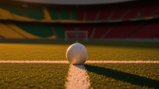 Match ball on centre spot under golden stadium floodlights, empty pitch with long shadow patterns, colour-graded for Brazil vs Morocco.