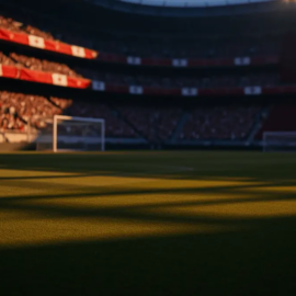 Floodlit World Cup 2026 stadium pitch at dusk, packed stands with red/white and maroon flag colours, dramatic shadows, cinematic lighting.