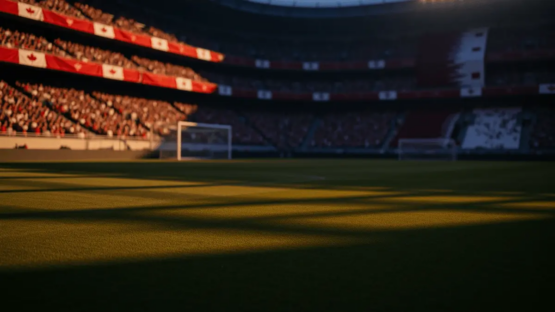 Floodlit World Cup 2026 stadium pitch at dusk, packed stands with red/white and maroon flag colours, dramatic shadows, cinematic lighting.