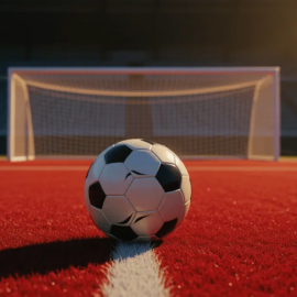 Empty floodlit stadium corner with ball on centre spot, red and white accent lighting, dramatic shadows.