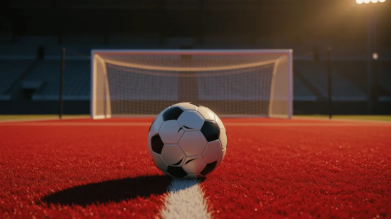 Empty floodlit stadium corner with ball on centre spot, red and white accent lighting, dramatic shadows.