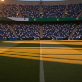 Floodlit stadium pitch at dusk with packed stands showing Cape Verde and Saudi Arabia national colours in spectators.
