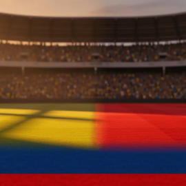 Floodlit stadium with packed crowds and dramatic golden-hour lighting, no players visible, national colour palette aesthetic.