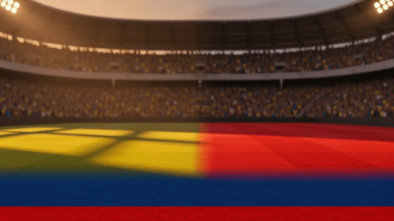Floodlit stadium with packed crowds and dramatic golden-hour lighting, no players visible, national colour palette aesthetic.
