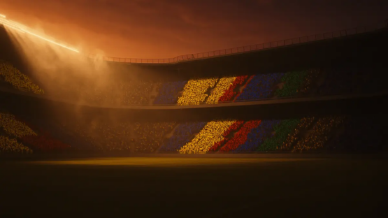 Empty floodlit stadium at golden hour with Colombia and Ghana flag colours illuminating packed stands and dramatic shadow patterns across the pitch.