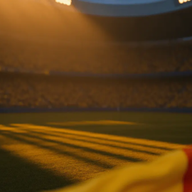 Floodlit stadium at golden-hour with packed stands, dramatic shadows, yellow-blue and red-green colour palette.