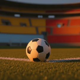 Floodlit football pitch at dusk with match ball on penalty spot, stadium stands lit in orange-yellow and blue-red colour sections.