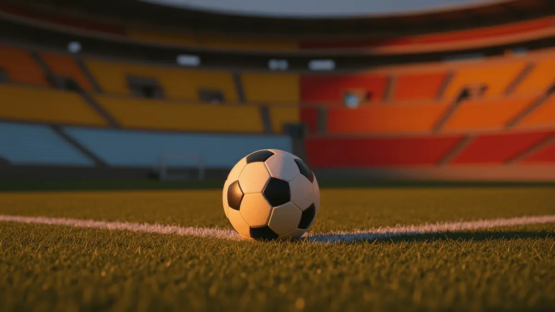 Floodlit football pitch at dusk with match ball on penalty spot, stadium stands lit in orange-yellow and blue-red colour sections.
