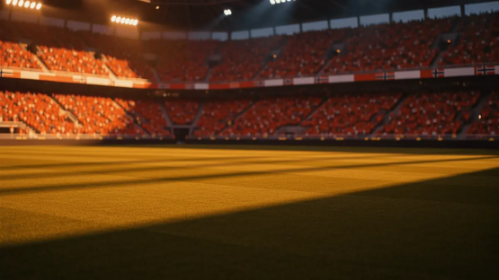 Floodlit stadium at golden hour with packed stands in national colours, dramatic shadows, no players visible.
