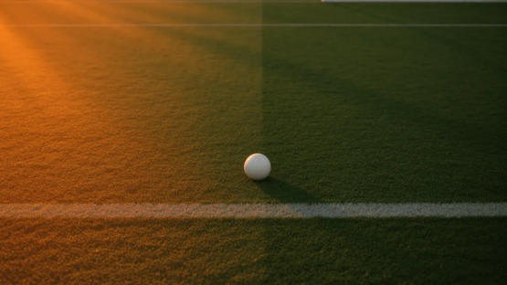 Overhead pitch view at golden hour with Côte d'Ivoire flag colours lighting the grass, match ball on centre spot, shallow depth of field.