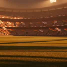 Floodlit stadium with packed stands showing Croatia and Ghana flag colours, golden-hour lighting, no players visible.