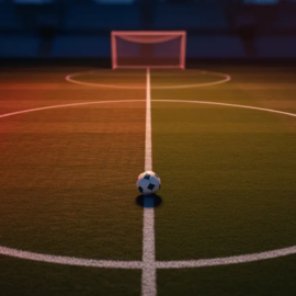 Aerial floodlit stadium pitch at dusk with centre-spot match ball, framed by crimson and white lighting in national colours.