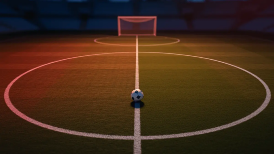 Aerial floodlit stadium pitch at dusk with centre-spot match ball, framed by crimson and white lighting in national colours.