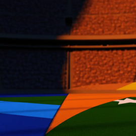Floodlit stadium at golden hour with blue-yellow and orange-green flag colour palettes creating dramatic light division across empty pitch.
