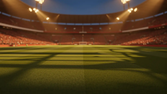 Floodlit stadium pitch at golden-hour kick-off with dramatic shadows, empty field, and packed blurred stands.