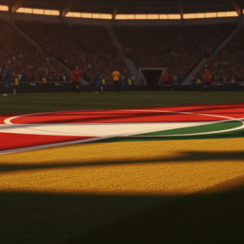 Floodlit World Cup 2026 stadium pitch with Czech red-white and South African green-gold atmospheric lighting during match play.