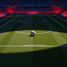 Floodlit stadium pitch with centre-spot ball, red and blue accent lighting creating geometric shadows on grass, aerial view.