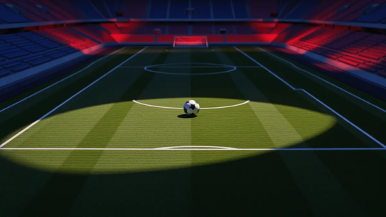 Floodlit stadium pitch with centre-spot ball, red and blue accent lighting creating geometric shadows on grass, aerial view.