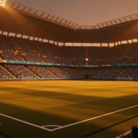 Floodlit international football stadium at dusk with packed stands in blue and turquoise colours under dramatic golden evening light.