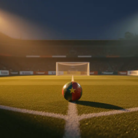 Floodlit football pitch at dusk, match ball on centre spot, geometric white markings, golden stadium lights, sharp shadows, no players visible.