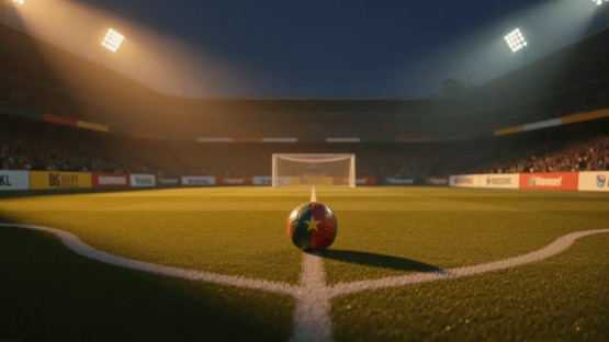 Floodlit football pitch at dusk, match ball on centre spot, geometric white markings, golden stadium lights, sharp shadows, no players visible.
