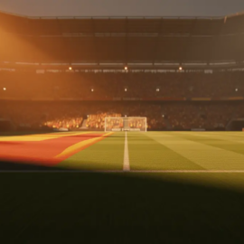 Floodlit stadium pitch with dramatic shadow patterns and golden-hour lighting at World Cup venue.