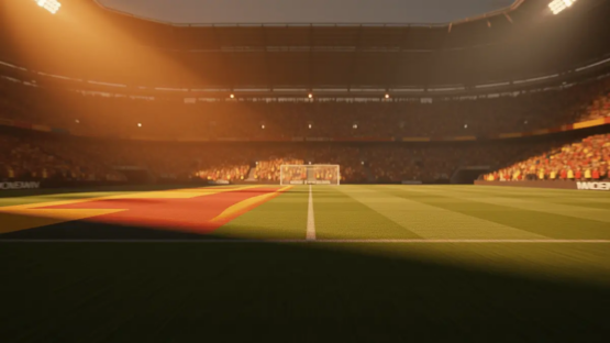 Floodlit stadium pitch with dramatic shadow patterns and golden-hour lighting at World Cup venue.