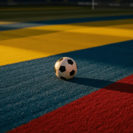 Aerial stadium view with Ecuador-coloured pitch gradient, ball on centre spot, dramatic floodlit shadows.