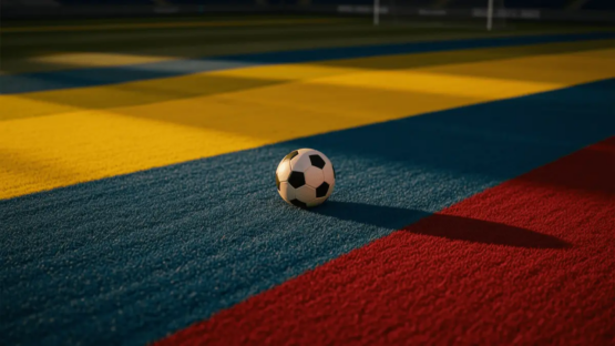 Aerial stadium view with Ecuador-coloured pitch gradient, ball on centre spot, dramatic floodlit shadows.