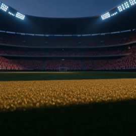 Empty floodlit stadium pitch at dusk with packed stands and dramatic shadow patterns, golden-hour lighting creating cinematic atmosphere.