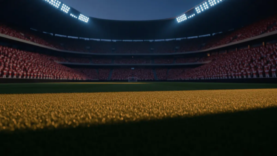 Empty floodlit stadium pitch at dusk with packed stands and dramatic shadow patterns, golden-hour lighting creating cinematic atmosphere.