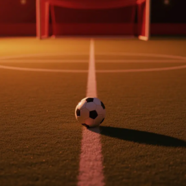 Floodlit football pitch centre spot with match ball, red-gold lighting, aerial perspective, tournament atmosphere.