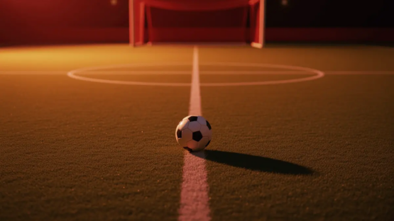 Floodlit football pitch centre spot with match ball, red-gold lighting, aerial perspective, tournament atmosphere.